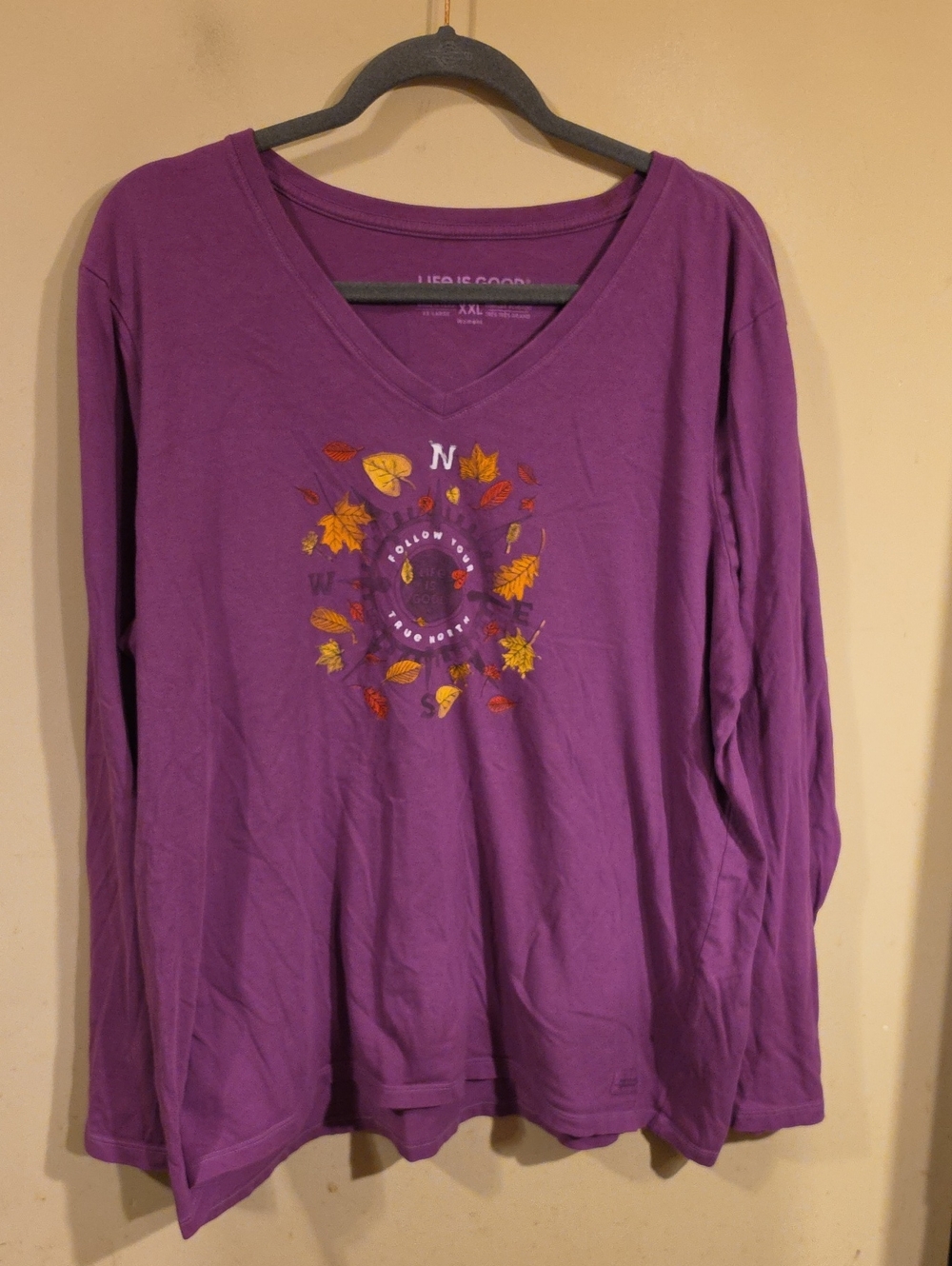 Life Is Good Purple Long Sleeve V-Neck Top with Fall Leaf Graphic